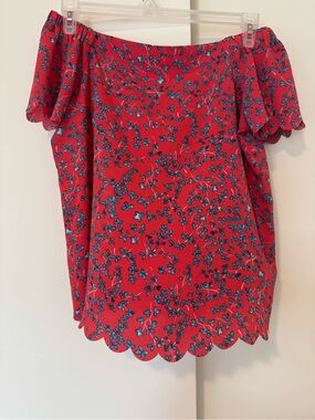 Elle Red Off-Shoulder Floral blouse with Scalloped Hem